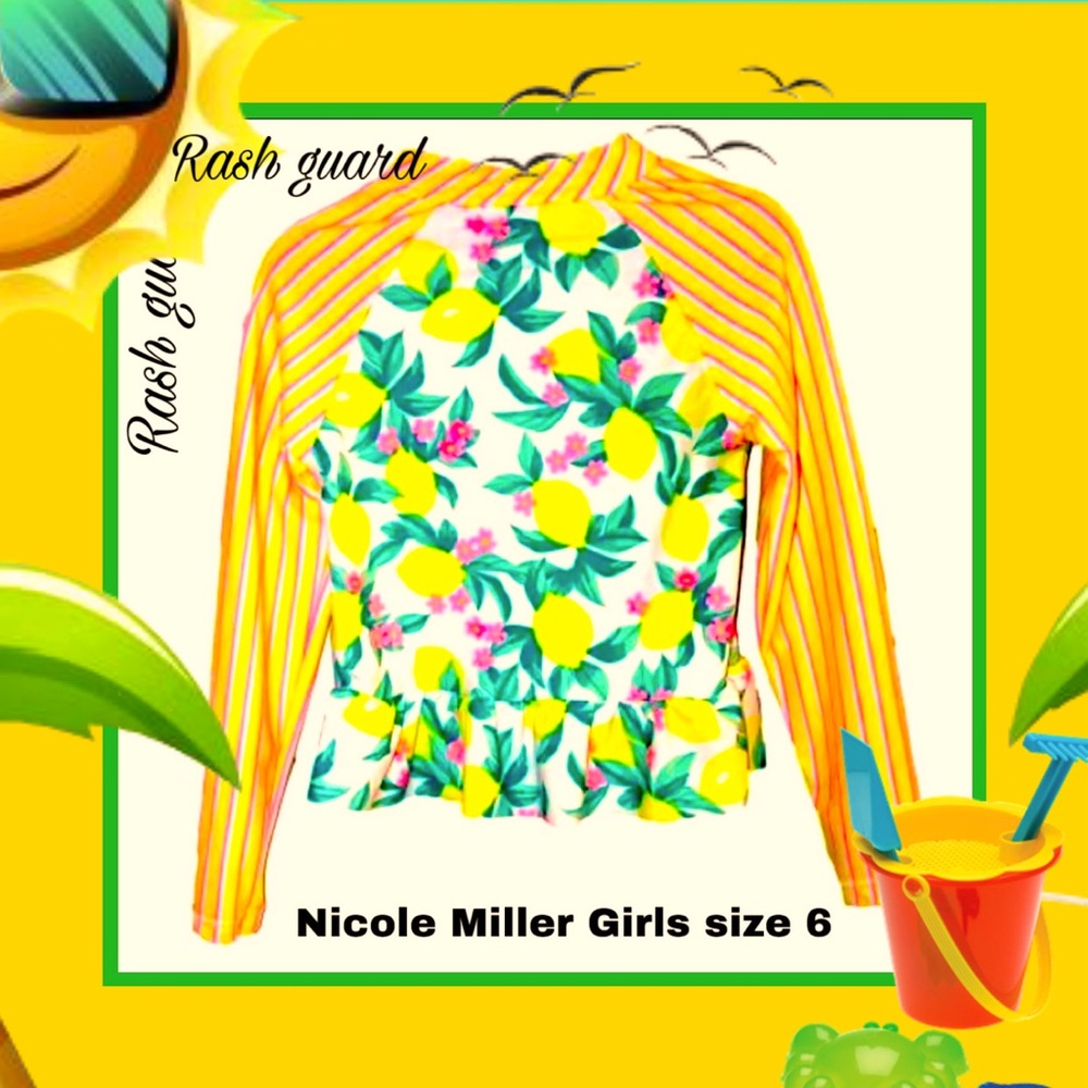 Nicole Miller Girls Yellow Pink Floral Stripes Long Sleeve Rash Guard size 6